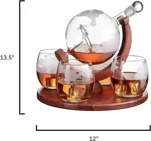 Vista 9 de Decantador del mundo grabado con globo de whisky, juego de regalo de whisky The Wine Savant con avión antiguo, piedras de whisky y 4 vasos de mapa