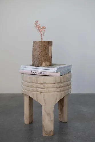 Vista 13 de Creative Co-Op Taburete de madera de Paulownia tallada a mano, estilo bohemio, natural