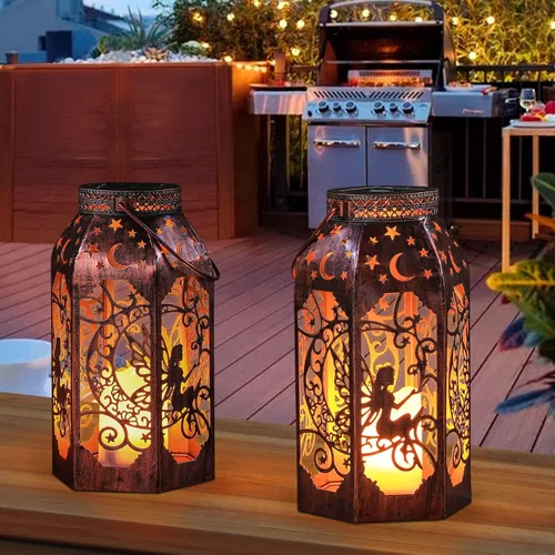 Vista 5 de Faroles solares para exteriores, impermeable, hada, LED, farol de metal, vela resplandor