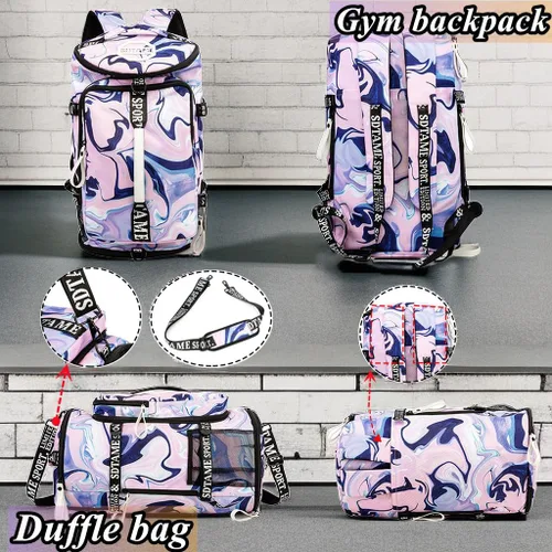Vista 8 de Mochila de lona con compartimento para zapatos para 4 vías impermeable viaje deporte senderismo portátil, Púrpura, Mochilas de lona