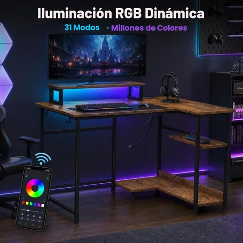 Vista 6 de DEVAISE Escritorio compacto para juegos en forma de L de 43 pulgadas con luces LED, marrón rústico