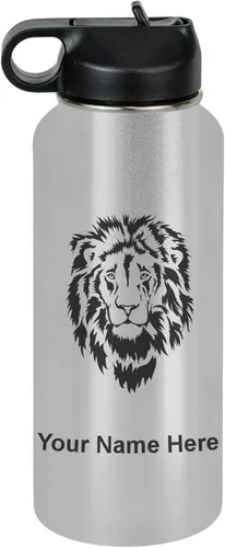 Vista 77 de LaserGram Botella de agua personalizada, cabeza de león, acero inoxidable de doble pared aislada al vacío con popote superior, regalo grabado