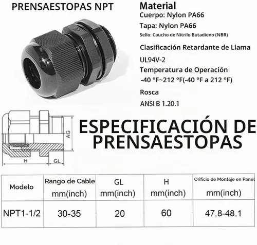 Vista 5 de Prensaestopas PENGLIN - Conector de cable de nailon NPT de 1-1/2 pulgadas, conector de cable de alivio de tensión, tuerca de bloqueo ajustable