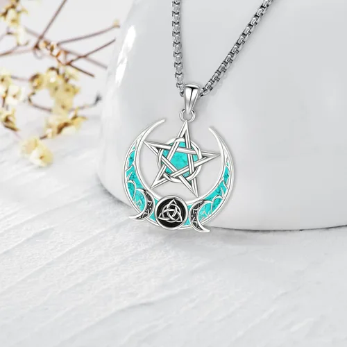 Vista 183 de Collar de pentagrama de plata de ley con triple luna, diosa celta, nudo celta, nudo de brujas, Ankh, sol y luna, Hécate, lilith, Santa Muerte
