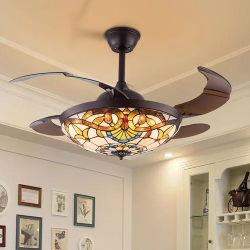 Vista 10 de TFCFL Ventilador de techo invisible estilo Tiffany de 42 pulgadas con luces y control remoto, cuchillas retráctiles, 3 velocidades, 3 cambios