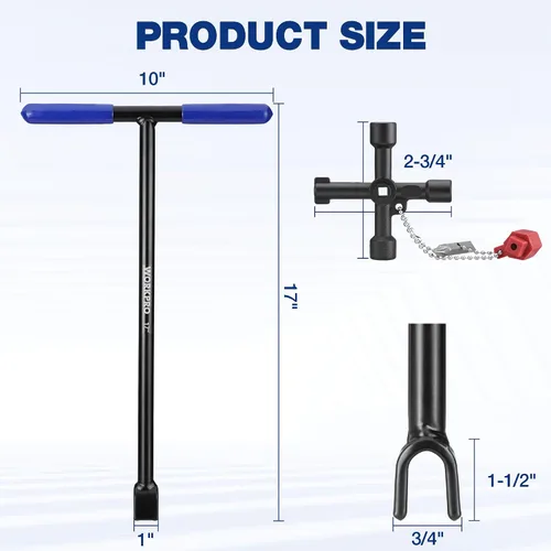 Vista 4 de WORKPRO Llave de medidor de agua de 17" con llave de utilidad de 4 vías, llave de apagado de agua de acero resistente con mango en T antideslizante