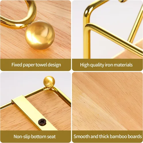 Vista 9 de Servilletero de metal, base de madera moderna, soporte de servilleta dorada para mesa con brazo de peso, para decoración de mesa de cocina, cóctel