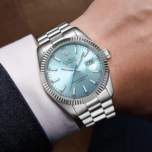 Vista 5 de CADISEN - Reloj de pulsera de acero inoxidable impermeable para hombre, mecánico, de negocios
