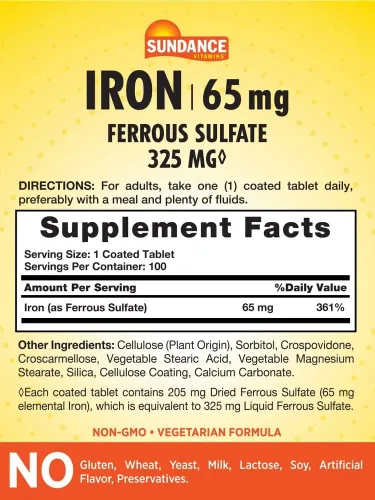 Vista 2 de Sundance Suplemento de hierro sulfato ferroso 325 mg 100 tabletas Vegetariano, sin OMG y sin gluten