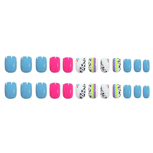 Vista 3 de Uñas postizas cortas a presión, uñas acrílicas cuadradas, coloridas de cobertura completa, uñas adhesivas brillantes en líneas, uñas reutilizables