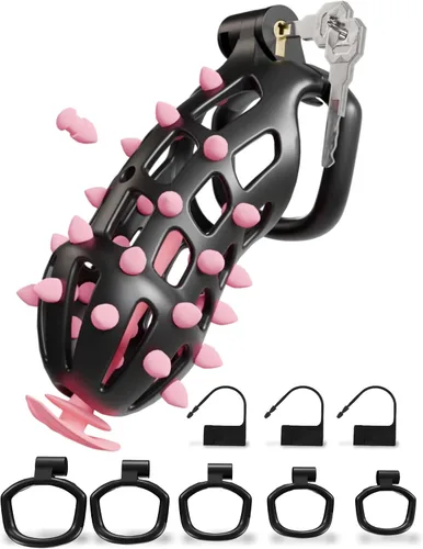 Vista 19 de Cobra Chastity Cage for Men, Invisible Lock, 5 Ball Rings (Pink, XS) Spiked cobra design, lightweight 3D printed open structure, breathable