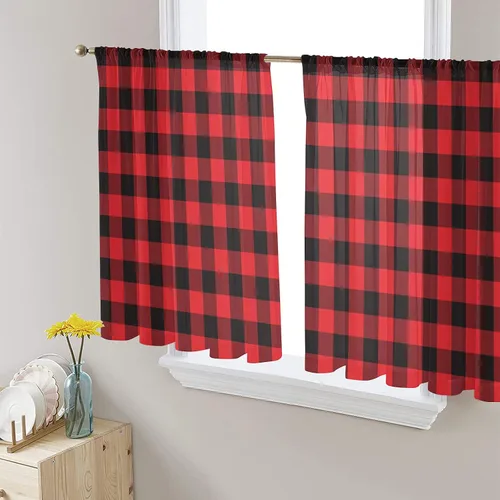 Vista 9 de Cortinas traslúcidas para camión rojo de Navidad de 45 pulgadas de largo, juego de 2 paneles de tablero de madera retro rústico con cuadros