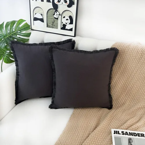 Vista 7 de Juego de 2 fundas de almohada decorativas marrones de 18 x 18 pulgadas, fundas de almohada modernas de granja con borlas de flecos, suaves