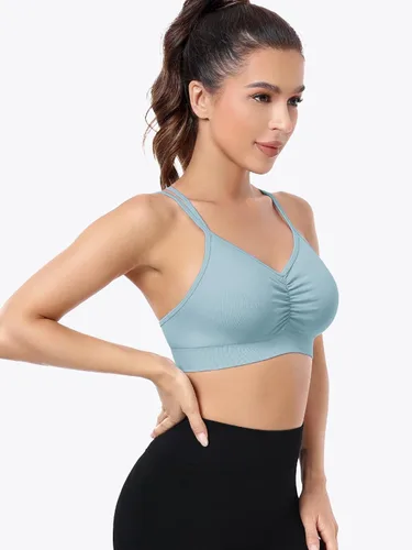 Vista 4 de VEQKING Brasier deportivo fruncido para mujer, brasier de entrenamiento con espalda cruzada, acolchado y sin costuras, bralette de yoga