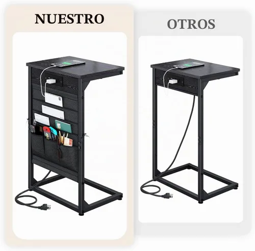 Vista 3 de Mesa auxiliar en forma de C con estación de carga rápida, mesa lateral pequeña para sofá con bolsa de almacenamiento, bandeja de TV para sofá