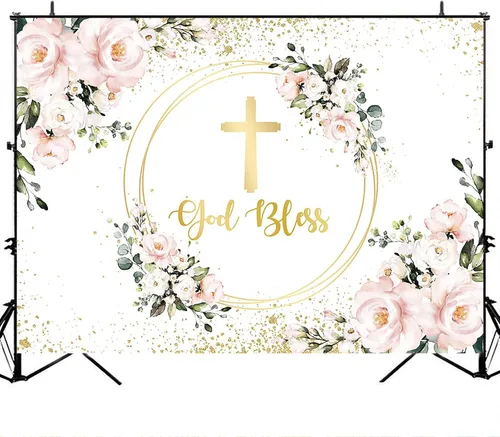 Vista 3 de Avezano Telón de fondo rosa con texto en inglés "God Bles