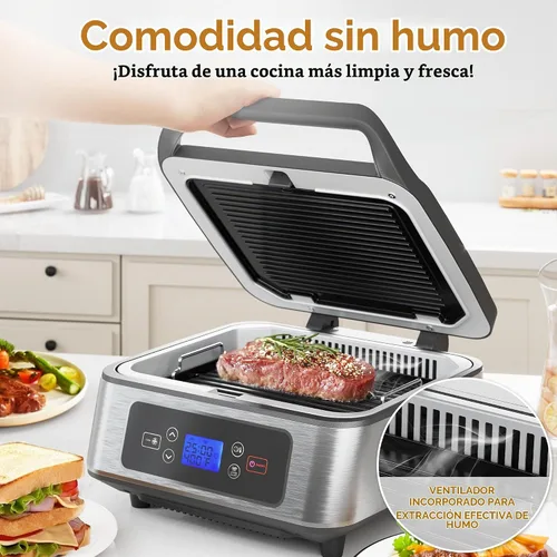 Vista 3 de Sandwichera eléctrica Panini Press, parrilla interior sin humo de 1300 W con placas antiadherentes extraíbles, elevación automática, ventilador