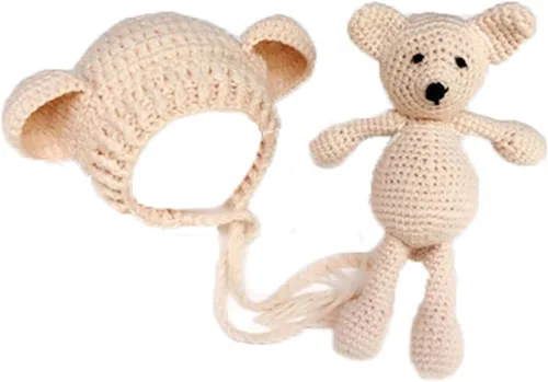 Vista 2 de Accesorios de fotografía para recién nacidos, sombrero de oso, sesiones de fotos de bebé, trajes de fotos para posar fotos de ganchillo, oso muñeca