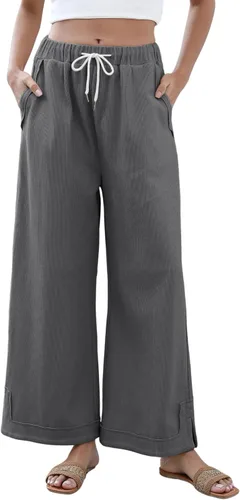 Vista 9 de Athlisan Pantalones Palazzo Holgados de Pierna Ancha para Mujer Casuales Sueltos con Cordón Cintura Elástica Pantalones de Descanso con Bolsillos