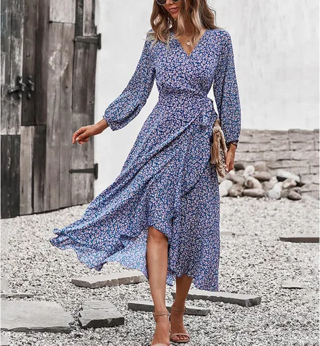 Vista 6 de GOTOTOP Women Round Neck Dress Casual Ruffle Sleeve Dress A Line ShortLong Dress for Ladies Party
