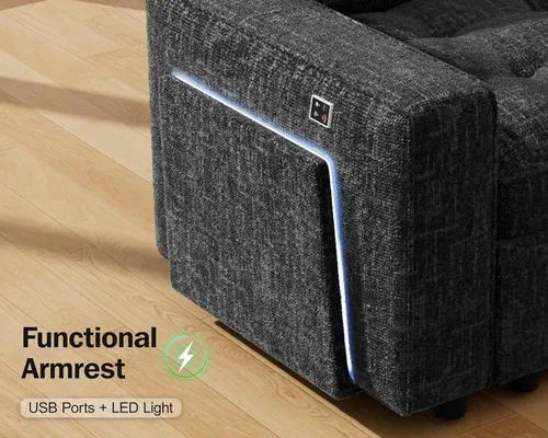 Vista 8 de Vipbear Sofá cama modular en forma de L de 7 asientos con otomana/cama extraíble/respaldo reclinable/puertos USB/mesa/luz LED/asiento de Negro