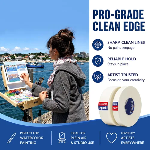Vista 4 de Paquete de 2 cintas de artista para papel de acuarela, cinta adhesiva de arte blanca para dibujo, pintura, lienzo, enmarcado, sin ácidos, 0.5
