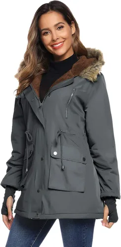Vista 3 de Grace Karin - Abrigo con capucha para mujer, con forro de vellón y bolsillos, chaqueta, parka, de pelo sintético