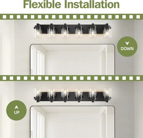 Vista 7 de Luces de tocador, lámparas de baño de 38 pulgadas sobre espejo, 6 luces de tocador de baño con pantalla de vidrio transparente, lámparas de pared