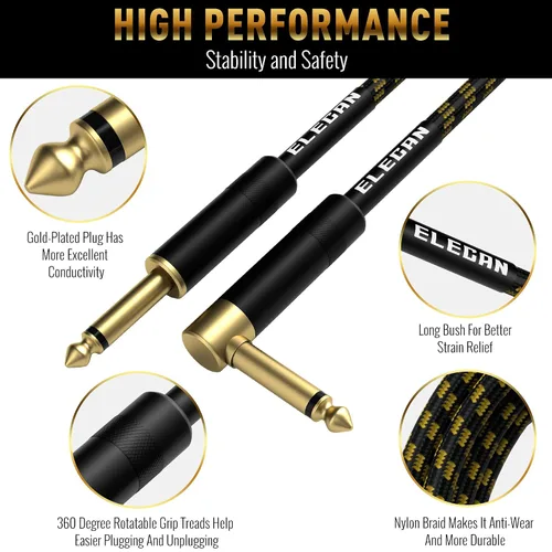 Vista 2 de Cable de guitarra de 4 pies/paquete de 2 - Ángulo recto + recto a recto, cable para instrumentos - nylon trenzado chapado en oro - 90 grados, 1/4