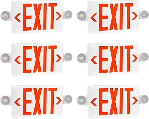 Vista 10 de Señales de salida de emergencia LED rojas, dos cabezas ajustables, CA 120V/277V, carta de salida de doble cara, luces de señal de salida compactas