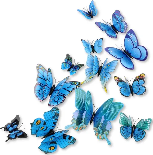 Vista 10 de Paquete mixto de 12 pegatinas de mariposas 3D en rosa para pared, decoración artística (2 azules)