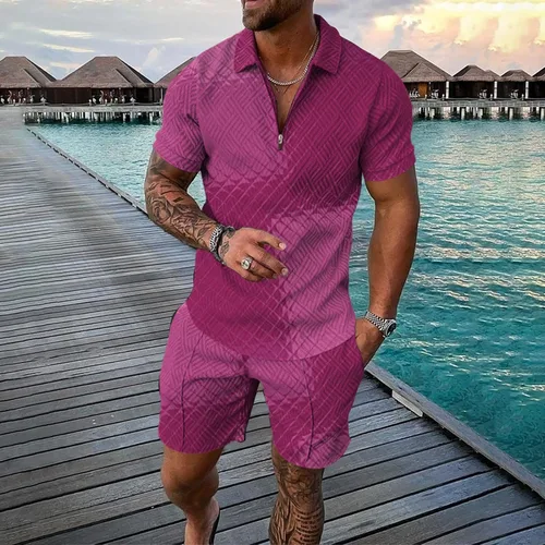 Vista 2 de Conjunto corto para hombre, 2 piezas, camiseta de manga corta y pantalones cortos, conjunto deportivo elegante y casual