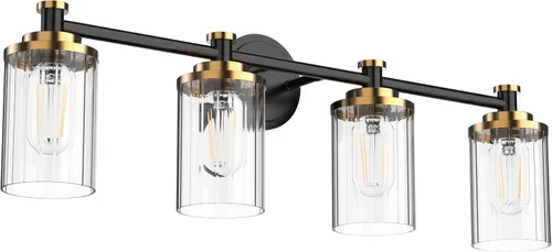 Vista 10 de Luminarias de Baño Negras y Cromadas con Pantalla de Vidrio Transparente de Rayas Cilíndricas Base de Casquillo E26 Luminarias de Baño Sobre Espejo