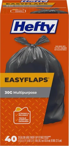 Vista 9 de Hefty Easy Flaps - Bolsas de basura grandes multiusos, 30 galones, 40 unidades 30G Black Garage Trash Bags, Simple Flap Tie Closure, Resists