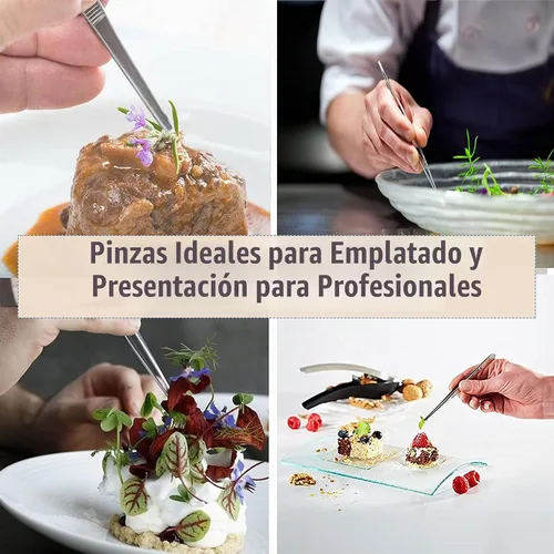 Vista 3 de Pinzas de precisión de acero inoxidable culinario profesional de 6 pulgadas con puntas dentadas, pinzas para servir con detalles de presentación