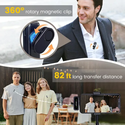 Vista 6 de Micrófono Lavalier inalámbrico con pantalla digital de batería con cancelación de ruido omnidireccional de 360°, clip giratorio de rango de 100 pies