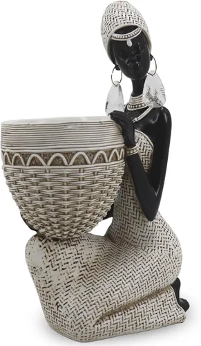 Vista 10 de Escultura Africana Hecha a Mano de Mujer Sentada - Figura Tribal Dorada Sosteniendo Canasta, Decoración del Hogar de Resina para Estante/Mesa