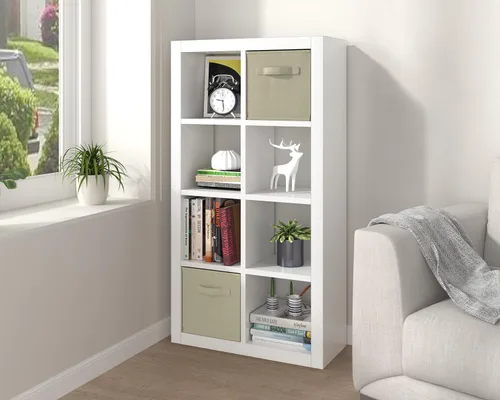 Vista 19 de Estantería con contenedor de almacenamiento, organizador de almacenamiento de 6 cubos, estantería abierta de madera moderna, estante de cubículos