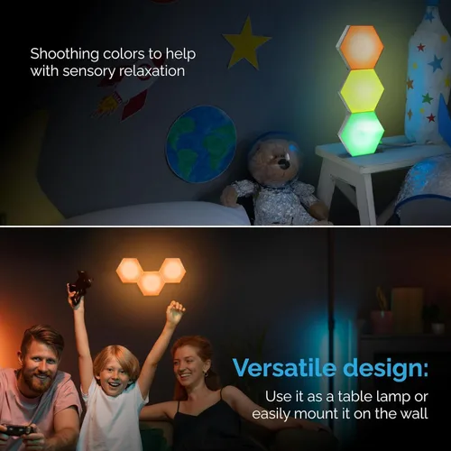 Vista 6 de Emberela HEXlights - Luces Sensoriales para Niños, Paquete de 3 Luces Hexagonales Táctiles, Control Remoto, Paneles LED de Pared Amigables