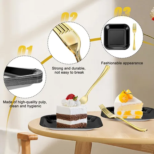 Vista 3 de Dandat 100 platos pequeños de papel negro de 7 pulgadas, platos cuadrados desechables para tartas con tenedores de postre de plástico, vajilla