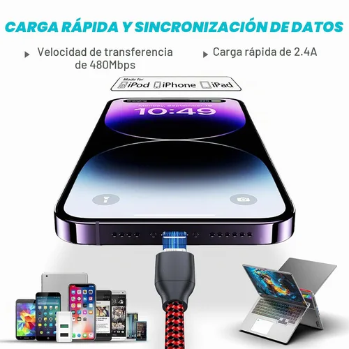 Vista 4 de Paquete de 3 cables de carga para iPhone con certificación MFi de 6 pies, color rojo
