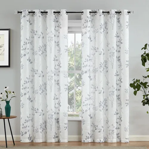 Vista 11 de Beauoop Juego de 2 cortinas semitransparentes de lino floral para sala de Clásico azul y gris