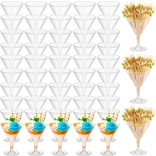 Vista 8 de Irenare Juego de 100 vasos de Martini de plástico transparente y púas de cóctel, vasos de Martini desechables, mini vasos de postre transparentes