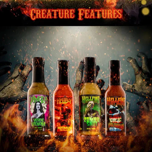 Vista 2 de Hellfire Hot Sauce Paquete de regalo: paquete variado de salsa picante gourmet con 4 sabores aterradores para fiestas o regalos