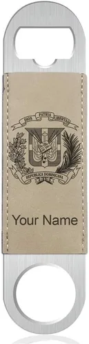 Vista 7 de LaserGram Abrebotellas, escudo de armas República Dominicana, grabado personalizado incluido (cuero sintético, negro y dorado)