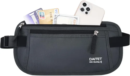Vista 125 de DAITET Cinturón de dinero, soporte para pasaporte, cartera de viaje oculta segura con bloqueo RFID, riñonera encubierta (negro), Negro, Rfid