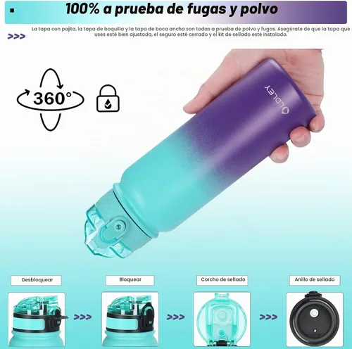 Vista 6 de Oldley Botella de Agua Aislada con Pajilla de 20oz, Botellas de Agua de Acero Inoxidable con 3 Tapas, Aislamiento al Vacío de Doble Pared Térmica
