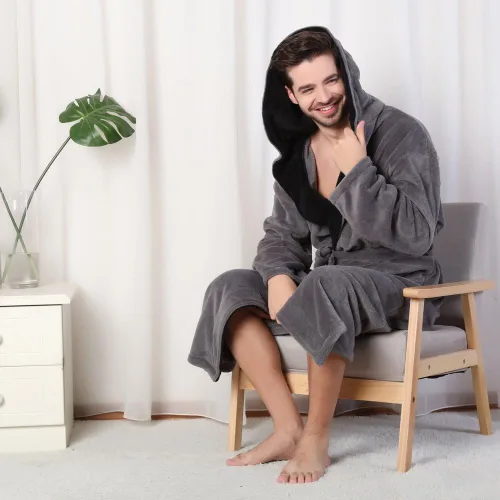 Vista 6 de KEMUSI Bata de baño de longitud completa suave con capucha para hombre, cómodo camisón cálido de longitud completa