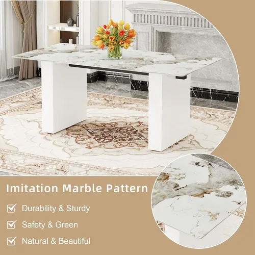 Vista 5 de Mesa rectangular grande y moderna con mesa de vidrio estampado de 0.39 pulgadas y patas de mesa grandes, adecuada para cocina, comedor y sala