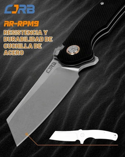 Vista 2 de CJRB - Navaja de bolsillo con hoja de acero AR-RPM9 de 3.3 pulgadas, mango Mango negro G10